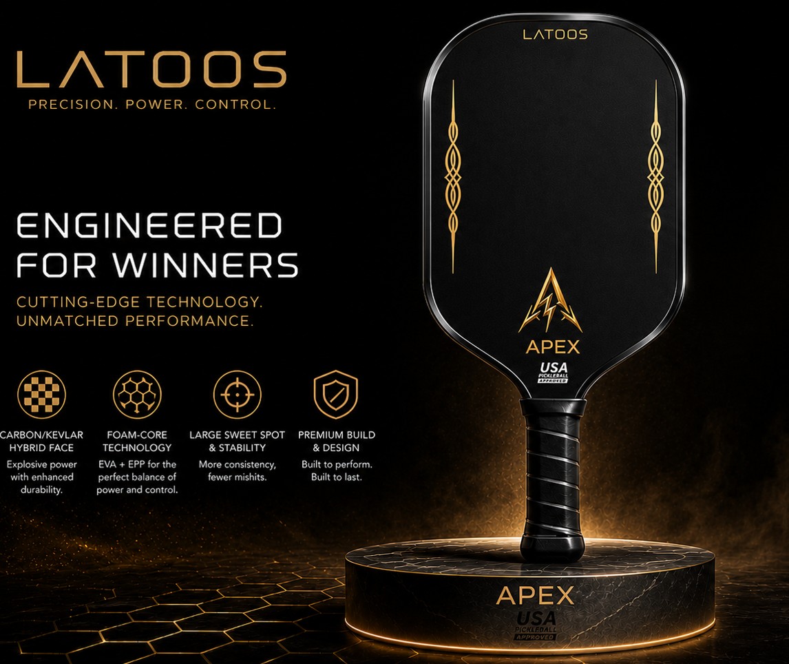 LATOOS APEX pickleball paddle on display stand, matte black with gold detailing