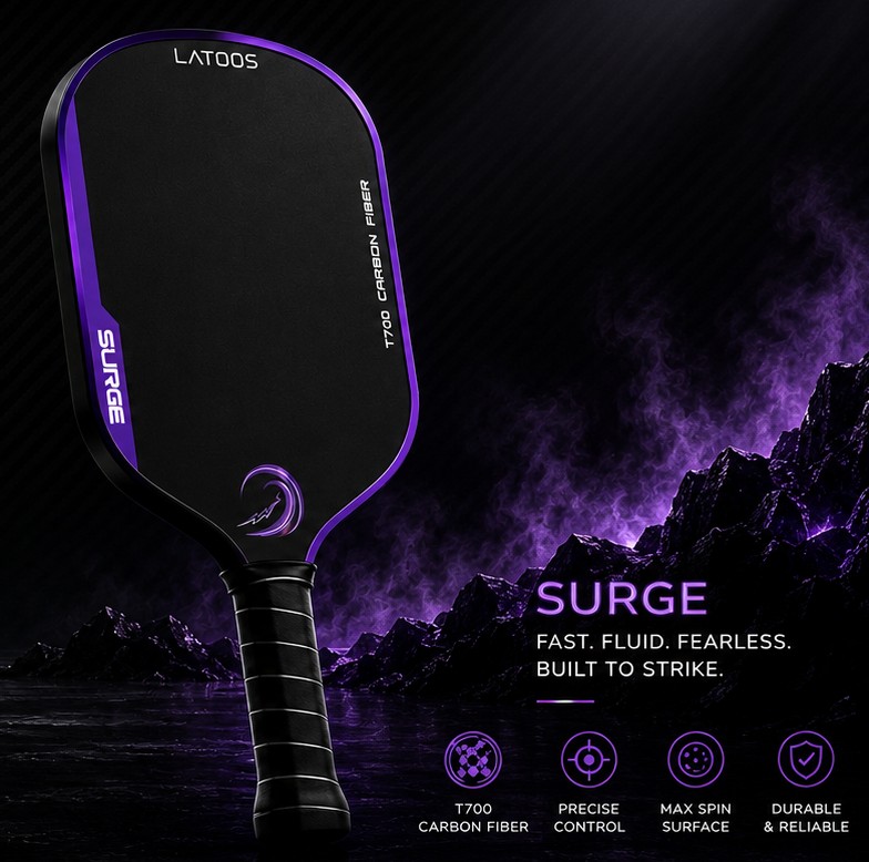 LATOOS SURGE Purple pickleball paddle, matte black with royal purple edge guard