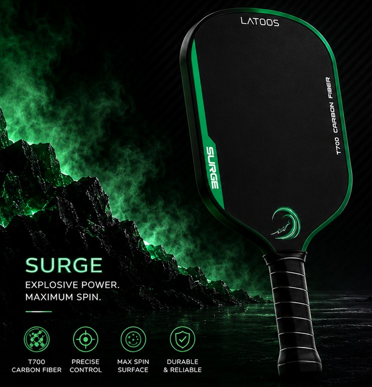 LATOOS SURGE pickleball paddle, matte black with emerald green edge guard